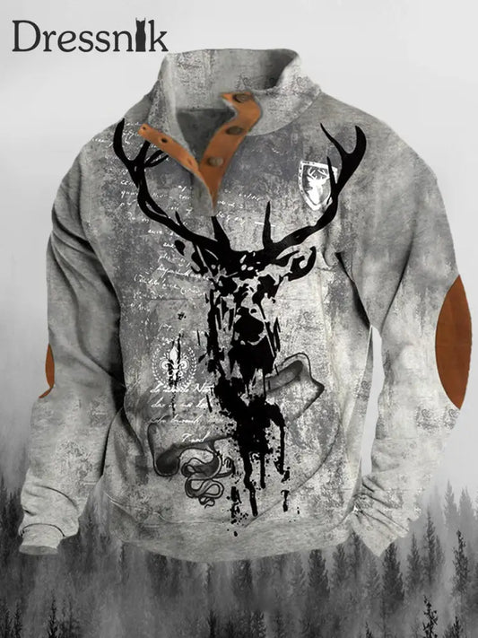 Retro Western Elk Art Bedrucktes Rundhals-Sweatshirt Lässiges Langarm-Sweatshirt A / S