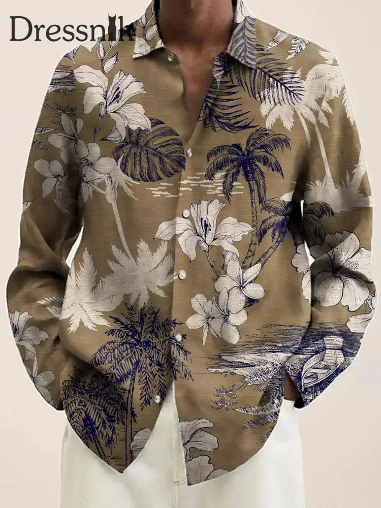 Retro Western Flower Art Bedrucktes Lässiges Revers Hawaiian Langarm-Shirt A / S