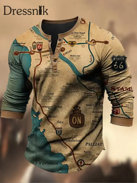 Retro Western Highway Textur Muster bedrucktes Dorf V-Ausschnitt Henry Stil Langarm Hemd A / S