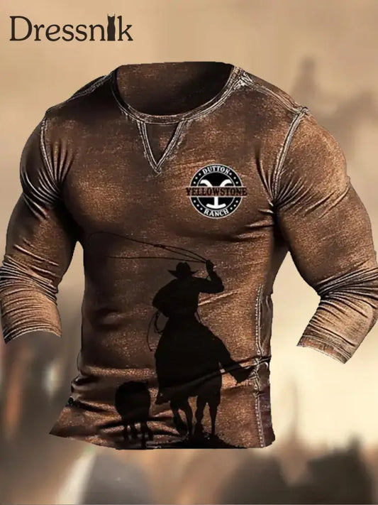 Retro Western Highway Textur Muster bedrucktes Dorf V-Ausschnitt Henry Stil Langarm Hemd A / S