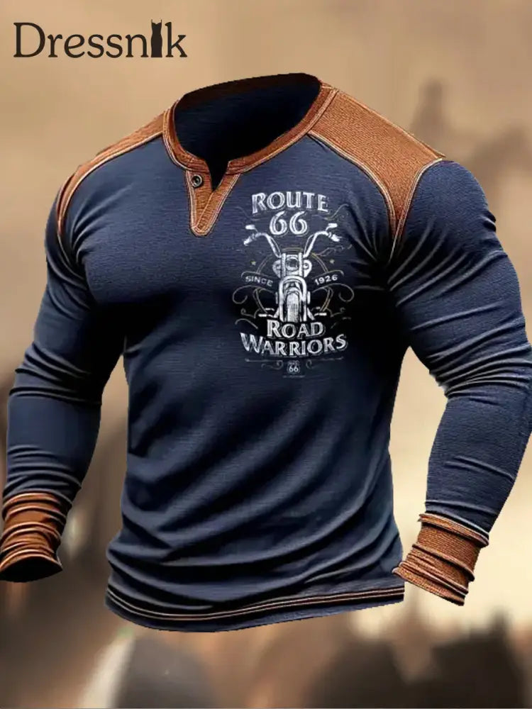 Retro Western Highway Textur Muster bedrucktes Dorf V-Ausschnitt Henry Stil Langarm Hemd A / S