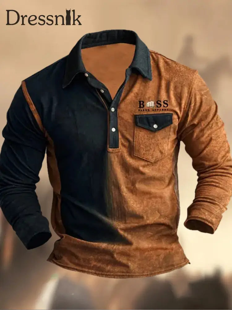 Retro Western Highway Textur Muster bedrucktes Dorf V-Ausschnitt Henry Stil Langarm Hemd A / S