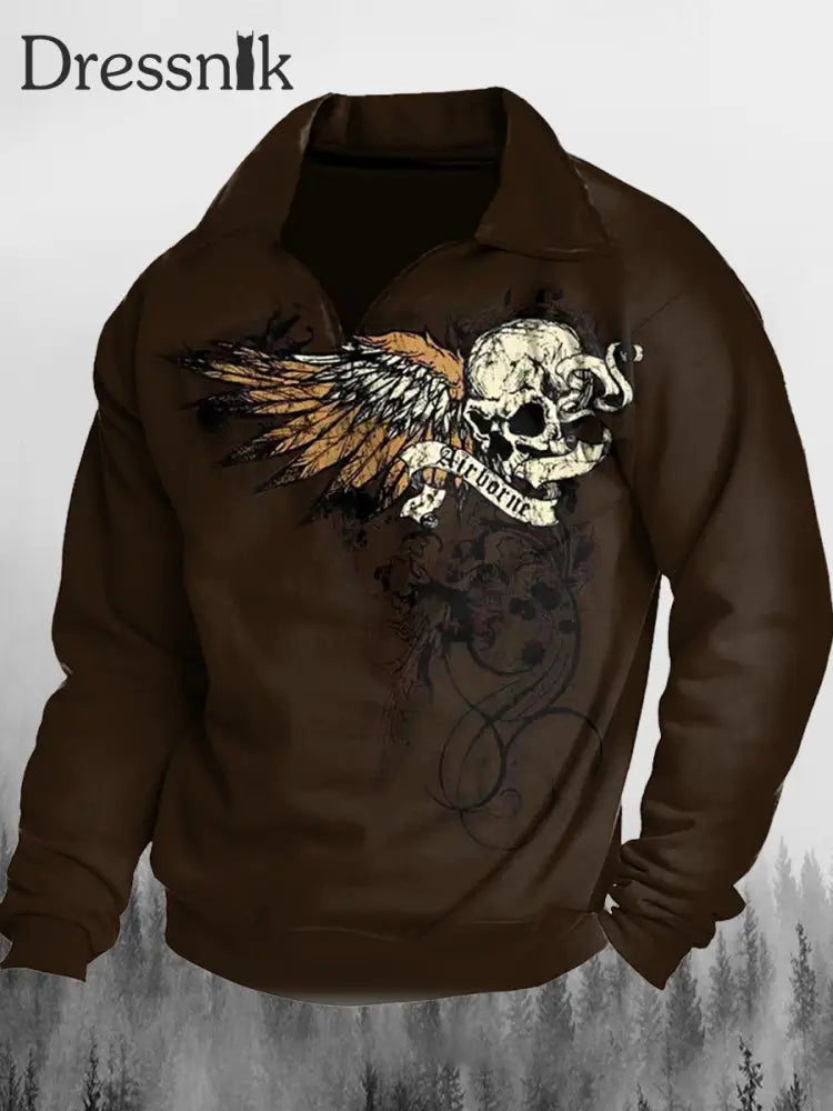 Retro Western Skull Wings Bedrucktes Ständer Revers Kragen Reiß Verschluss Flush Outdoor