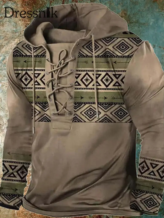 Retro Western Style Printed Casual Long Sleeve Hooded Top