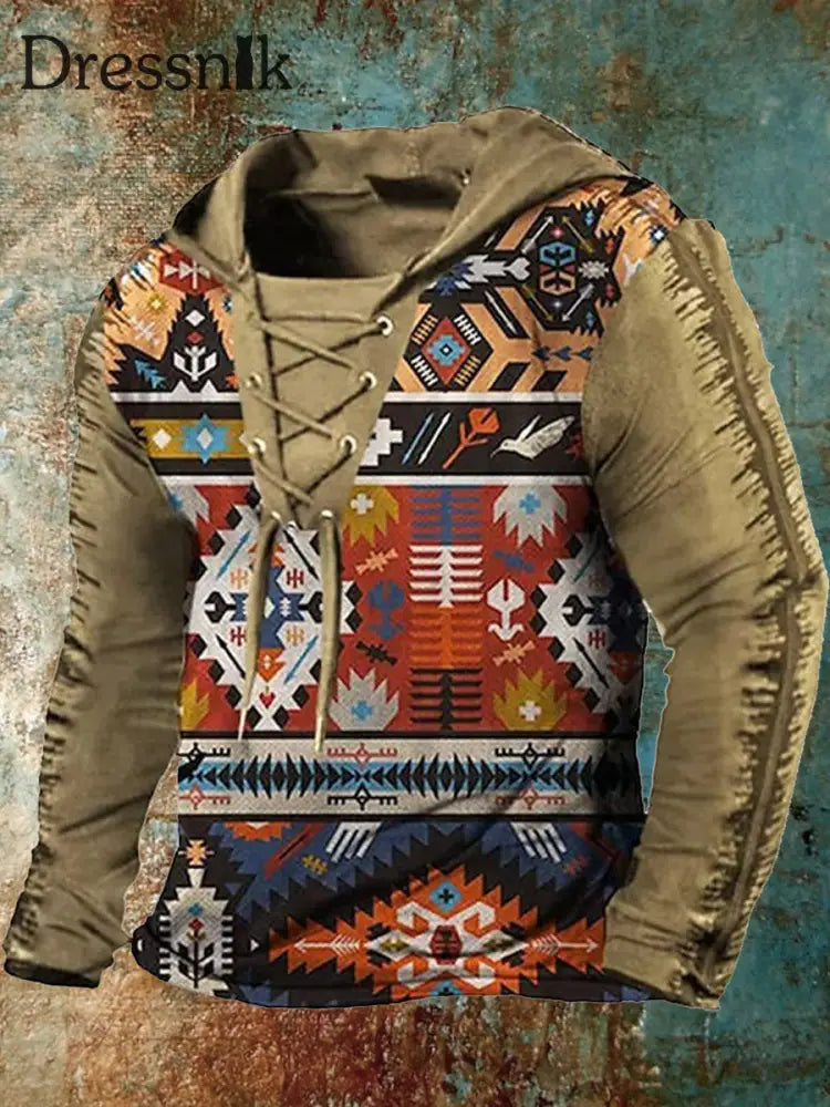 Retro Western Style Printed Casual Long Sleeve Hooded Top