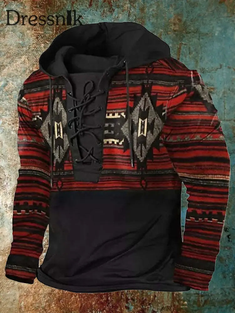 Retro Western Style Printed Casual Long Sleeve Hooded Top