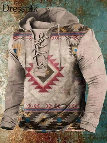 Retro Western Style Printed Casual Long Sleeve Hooded Top