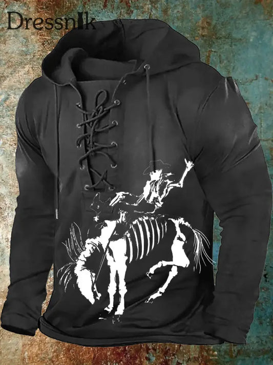 Retro Western Style Printed Casual Long Sleeve Hooded Top