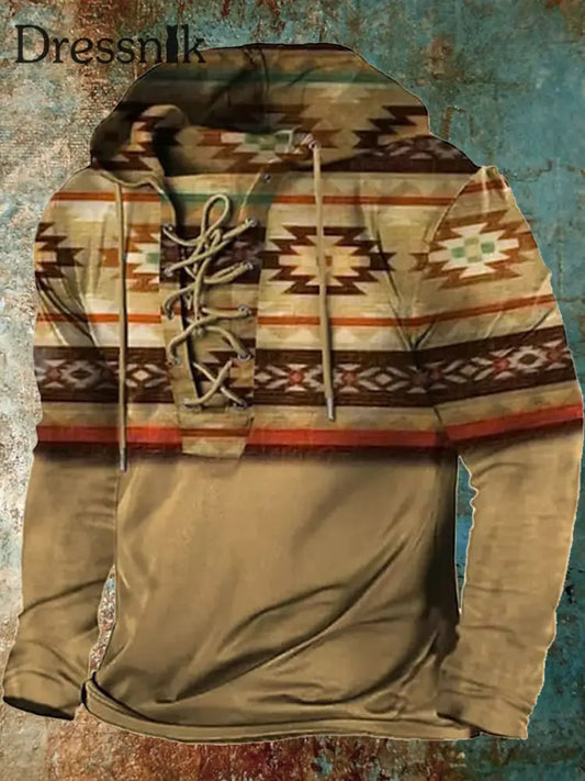 Retro Western Style Printed Casual Long Sleeve Hooded Top