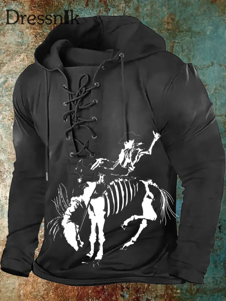 Retro Western Style Printed Casual Long Sleeve Hooded Top A / S