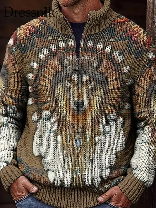 Retro Wolf Textur Muster bedrucktes Western Village V-Ausschnitt Stand Kragen mit vollem Reiß verschluss Sweatshirt A