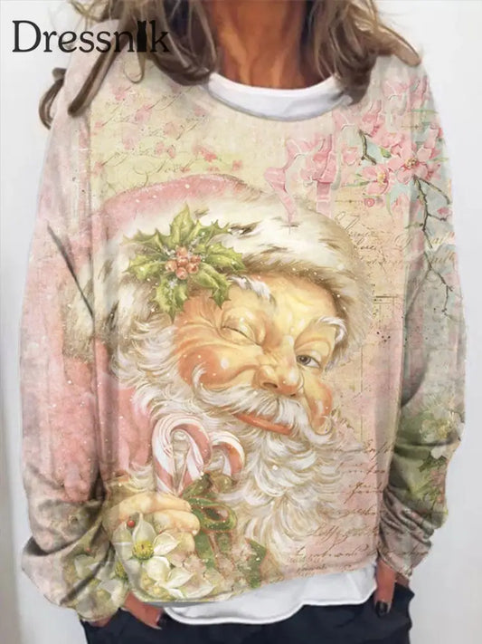 Rosa Vintage Weihnachtsmann-Print-Pullover Swe