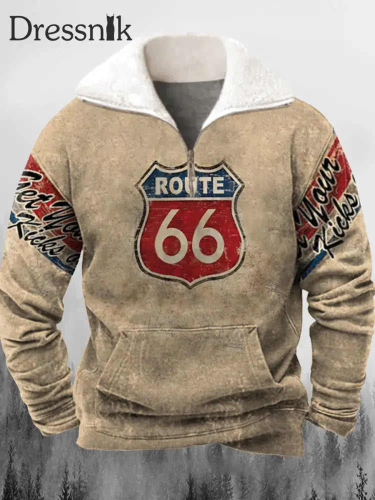 Route 66 Autobahn Schild Bedrucktes Revers Fluffy Kragen Reiß Verschluss Lässig Lose Sweatshirt A