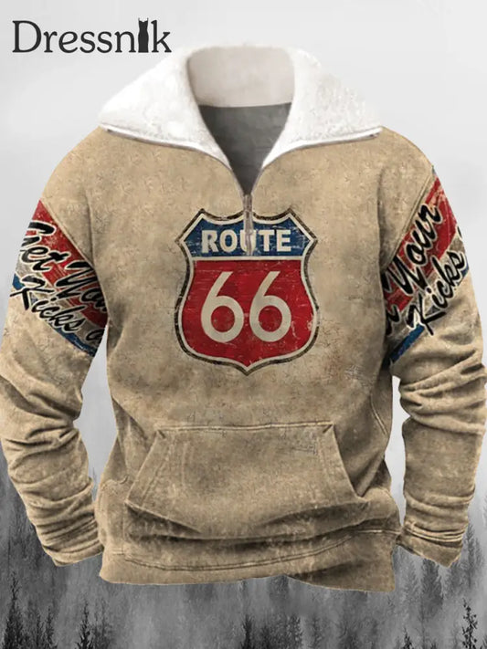 Route 66 Autobahn Schild Bedrucktes Revers Fluffy Kragen Reiß Verschluss Lässig Lose Sweatshirt A