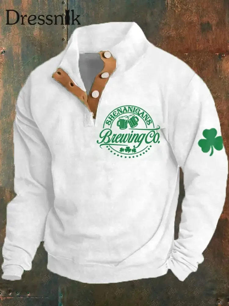 Saint Patrick Brewing Wein Gedruckt Stand Revers Kragen Knopf Flush Outdoor Sweatshirt B / S