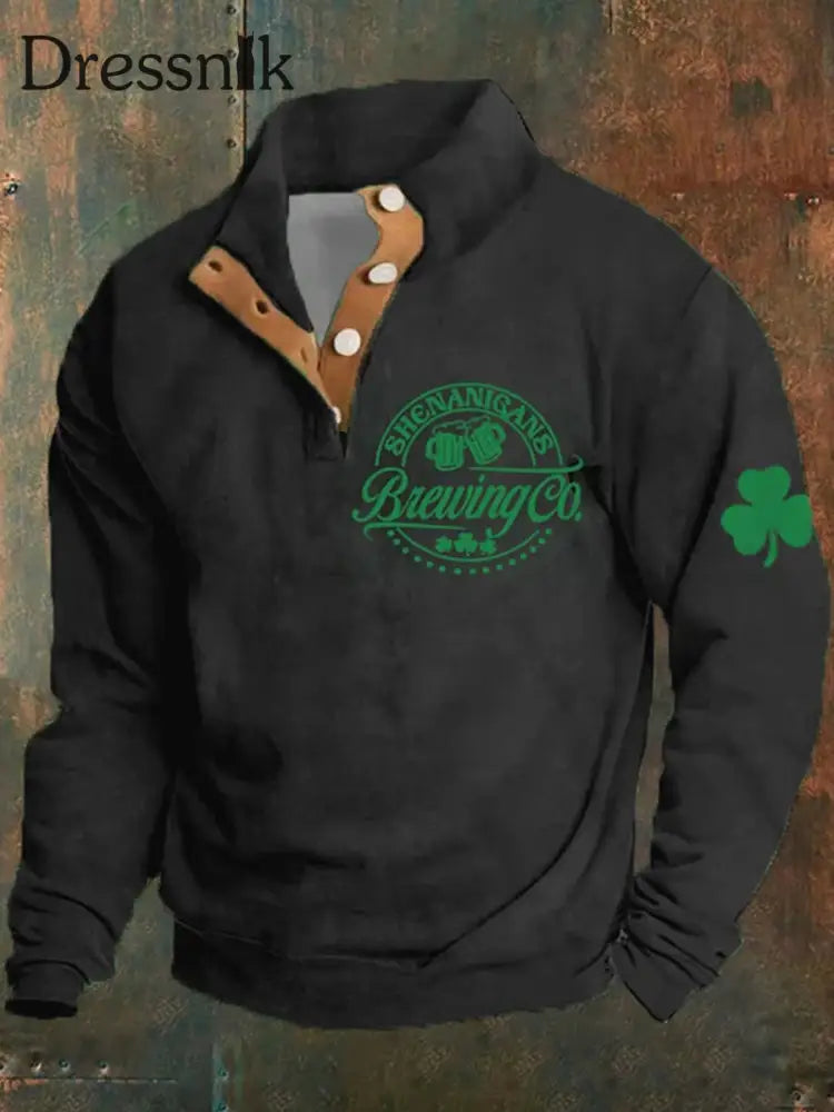 Saint Patrick Brewing Wein Gedruckt Stand Revers Kragen Knopf Flush Outdoor Sweatshirt C / S