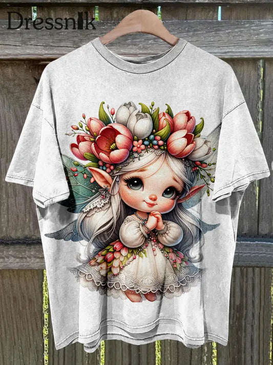 Schöne Blumen Fee Bedruckt Vintage Mode Lose Kurzarm T-Shirt A / S