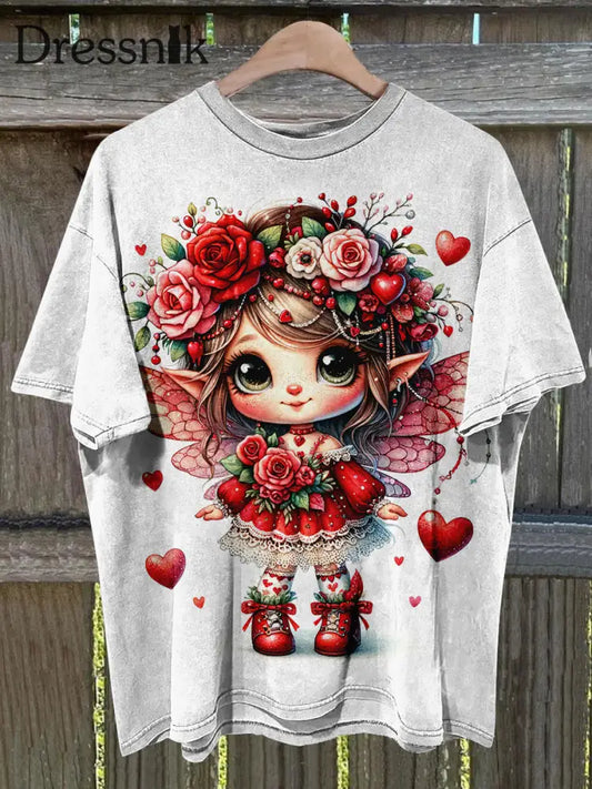 Schöne Blumen Fee Bedruckt Vintage Mode Lose Kurzarm T-Shirt A / S