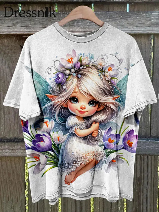 Schöne Blumen Fee Bedruckt Vintage Mode Lose Kurzarm T-Shirt A / S