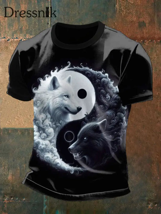 Schwarz-Weiß-Wolf-Print-T-Shirts für Männer Schwarz / S