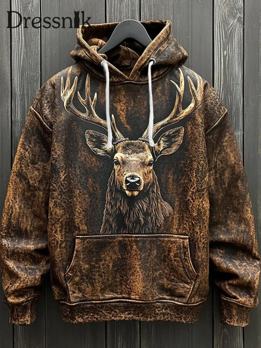 Skull Art bedruckter Hoodie im westlichen Stil für Männer Kaffee / S