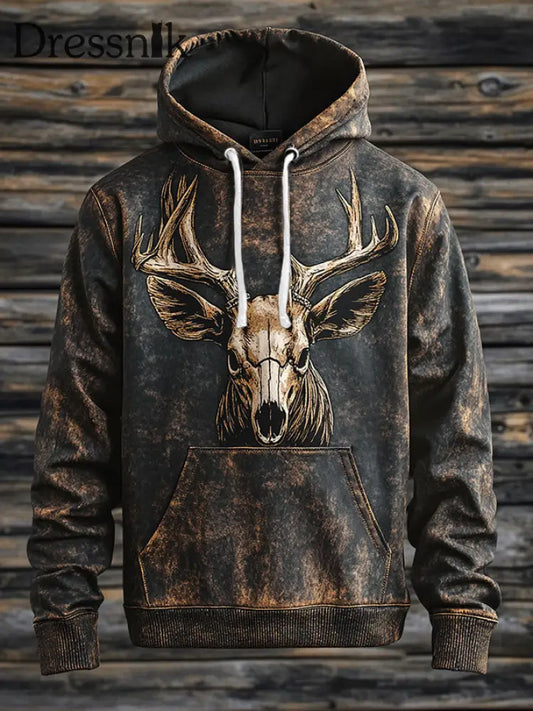 Skull Art bedruckter Hoodie im westlichen Stil für Männer Kaffee / S