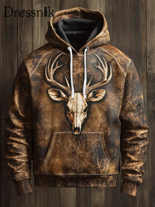 Skull Art bedruckter Hoodie im westlichen Stil für Männer Khaki / S