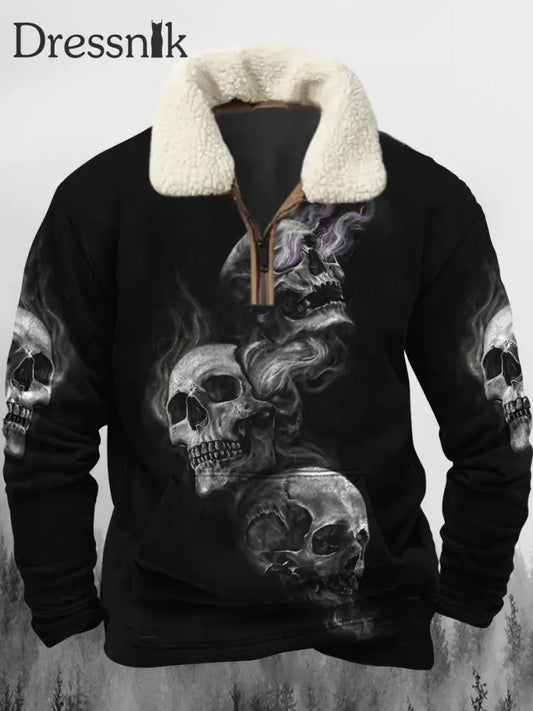 Smoke Flame Dark Skull Bedruckt Revers Flauschige Kragen Reiß Verschluss Tasche Casual Lose