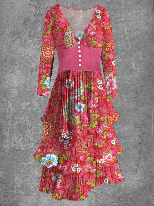 Retro Blumen kunst druck Langarm V-Kragen-Knopf Elegantes schickes fließendes Kuchen-Midi-Kleid