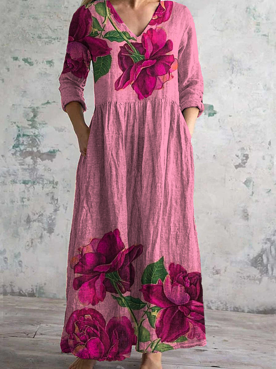 Dreiviertel ärmel iges, elegantes Midi-Kleid mit schicktem V-Ausschnitt, Vintage-Blumen druck