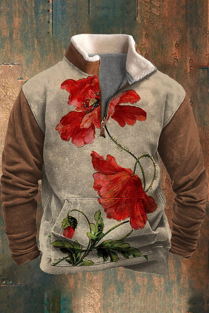 Herren Casual Tierhaut Flora Muster Patchwork Pelz Reiß verschluss Kragen Sweatshirt