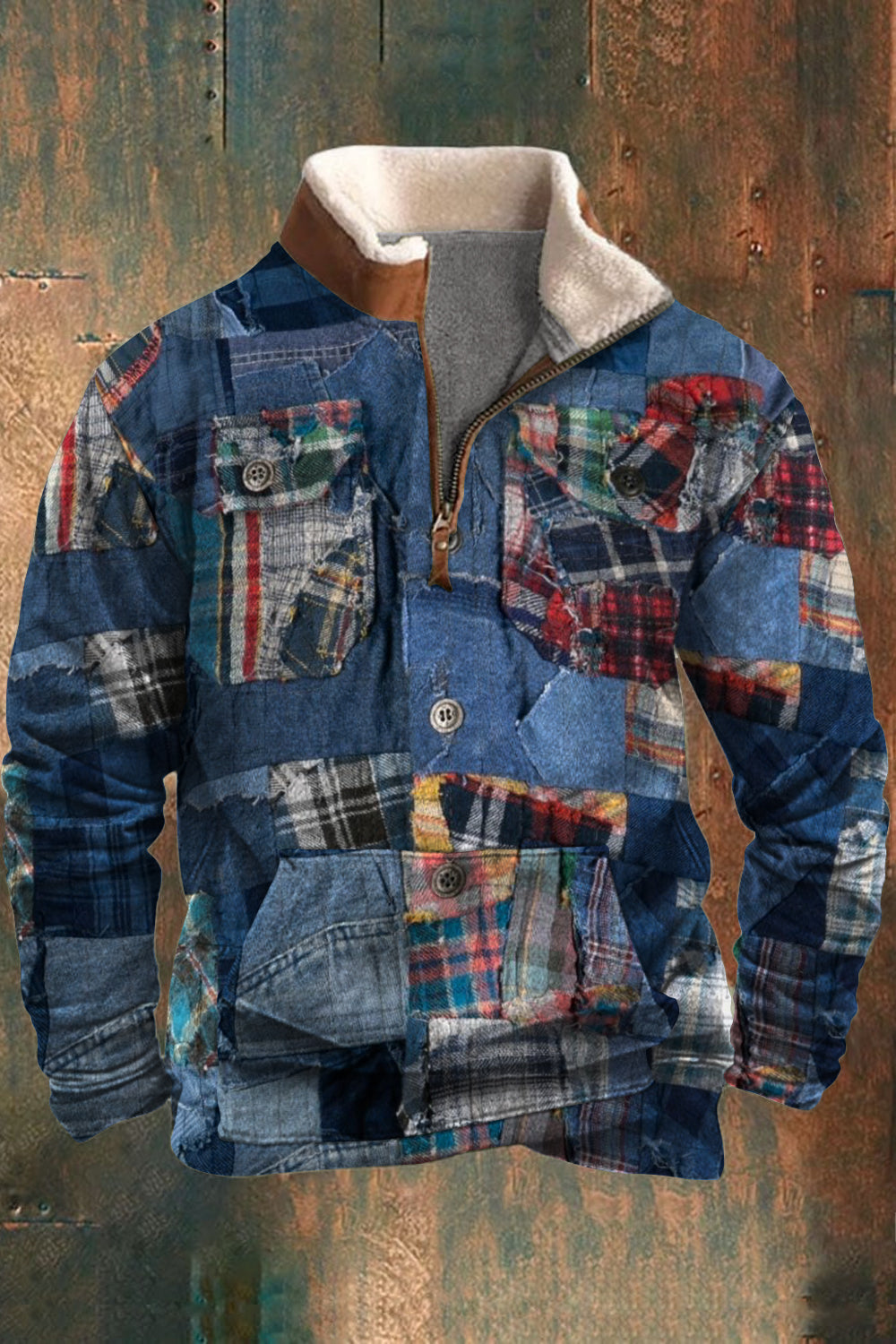 Herren Lässiges Retro-Denim-Splice-Stitching-Muster Patchwork-Pelz-Reiß verschluss-Kragen-Sweatshirt