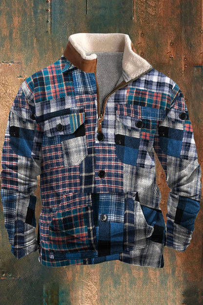 Herren Lässiges Retro-Denim-Splice-Stitching-Muster Patchwork-Pelz-Reiß verschluss-Kragen-Sweatshirt