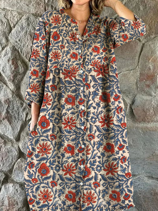 Damen Mode Elegantes künstlerisches Blumen druck Dreiviertel ärmel-Midi kleid mit V-Ausschnitt