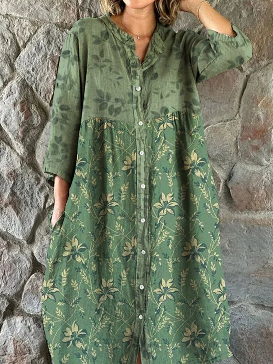 Elegantes Midi-Kleid mit drei Vierteln ärmeln mit schicktem V-Ausschnitt, Blumen kunst druck