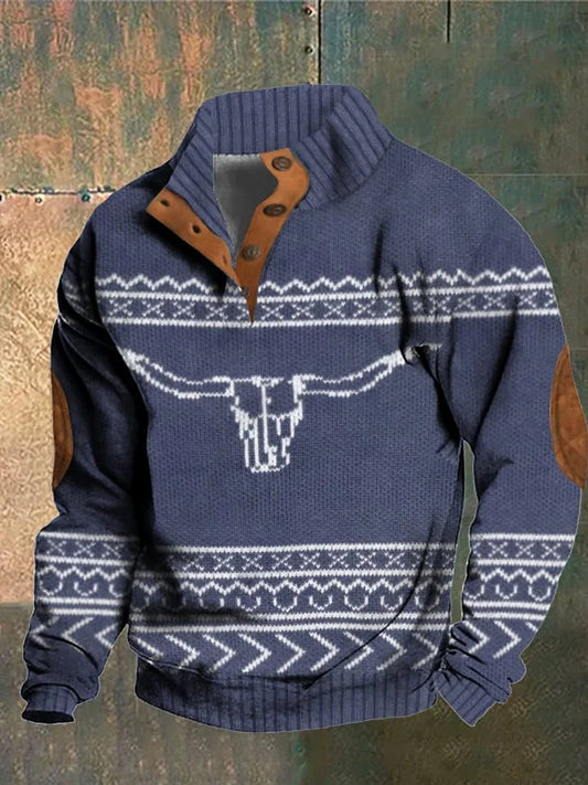 Herren Vintage Country Western Kaschmir Gestrickt Bedrucktes Reiß verschluss lässig Sweatshirt