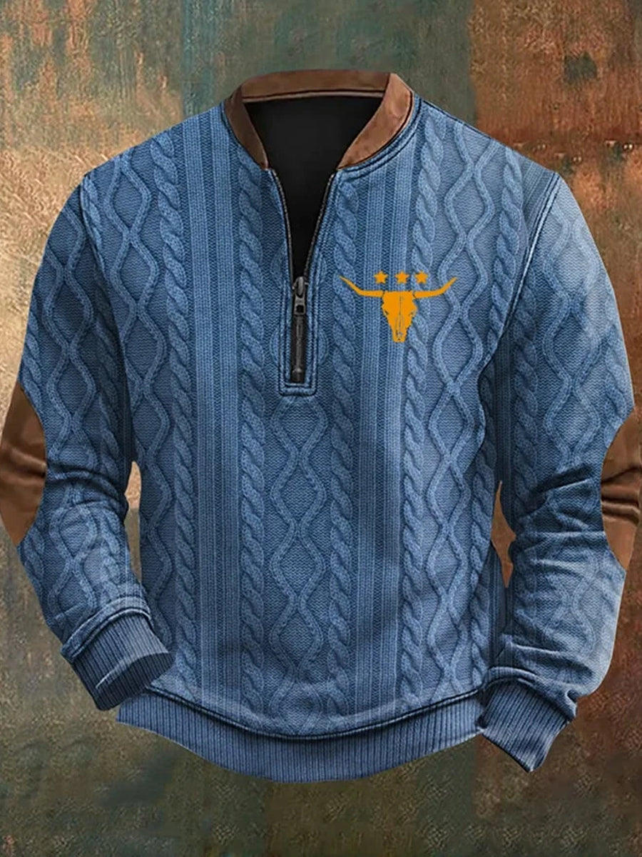 Herren Vintage Country Western Kaschmir Gestrickt Bedrucktes Reiß verschluss lässig Sweatshirt