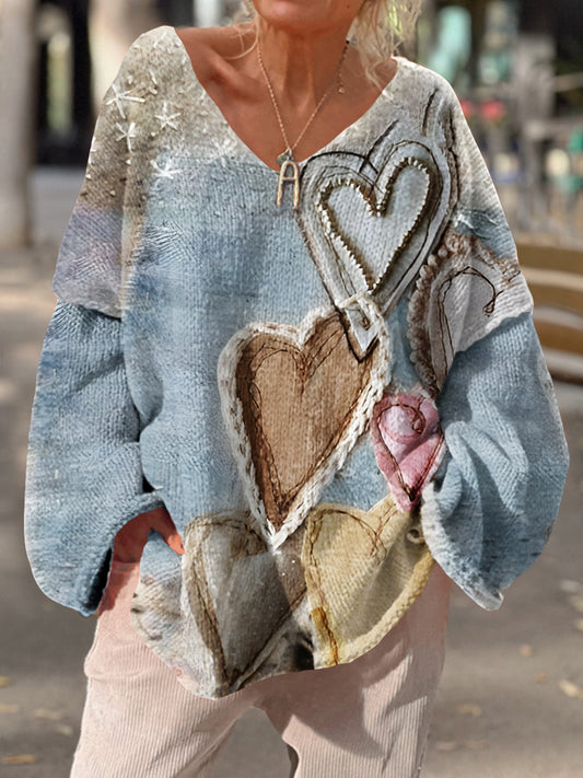 Damen Vintage Herz Kunstdruck Chic V-Ausschnitt Casual Pullover Pullover
