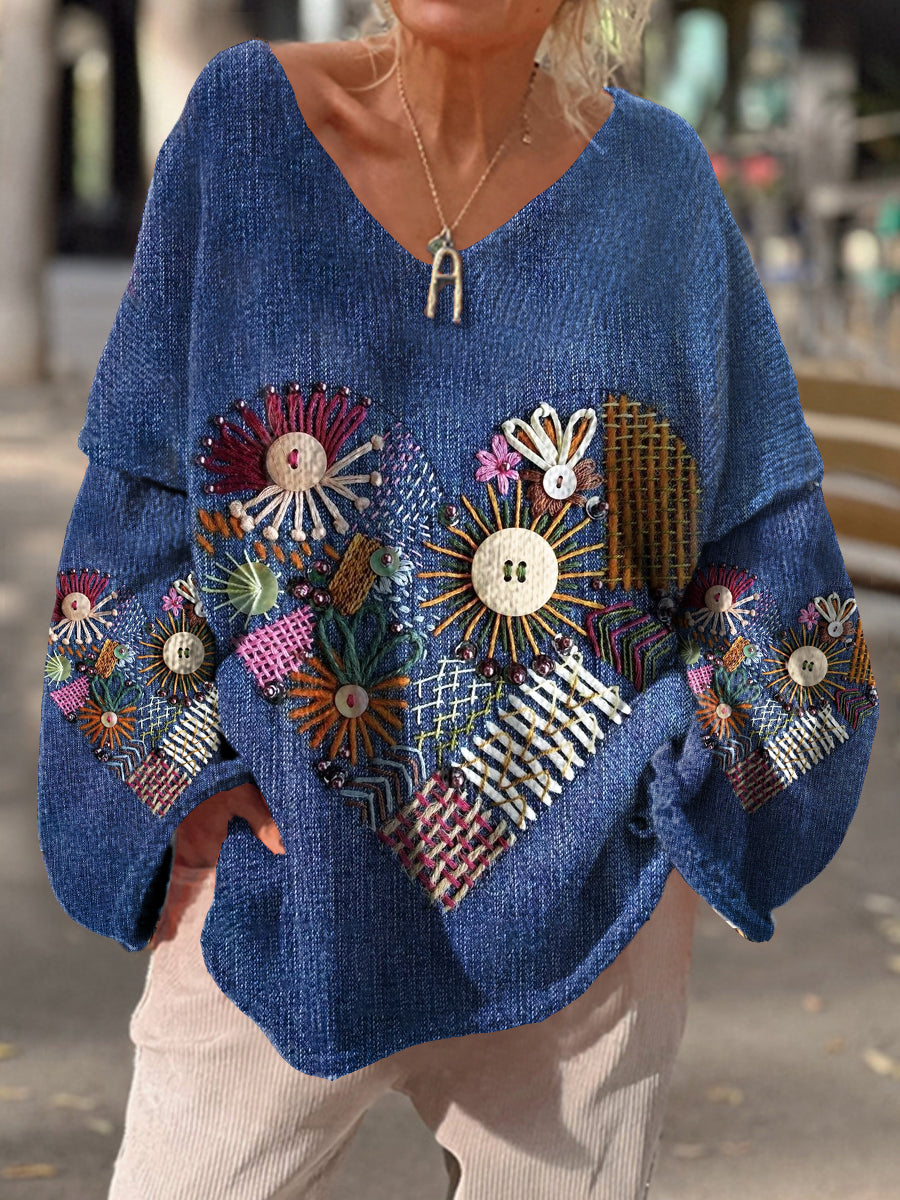 Damen Vintage Kunstdruck Chic V-Ausschnitt lässig Pullover Pullover