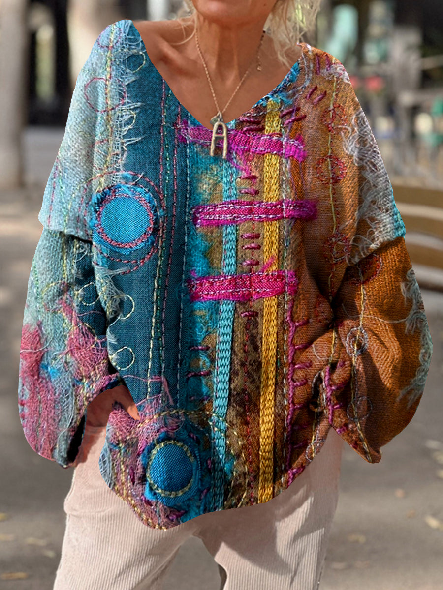 Damen Vintage Kunstdruck Chic V-Ausschnitt lässig Pullover Pullover