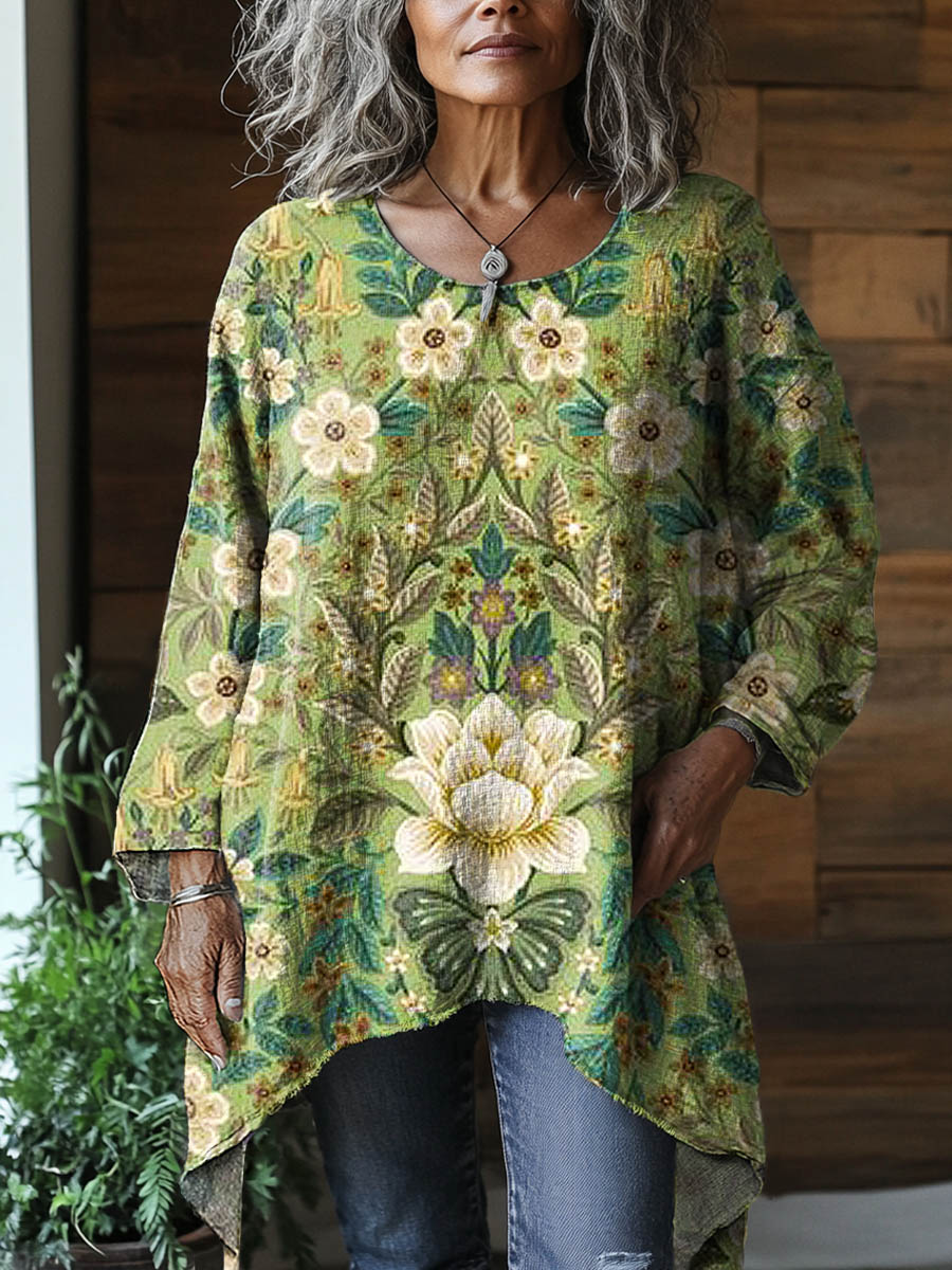 Vintage Rundhals böhmischer Blumen kunst druck Elegantes Baumwoll oberteil