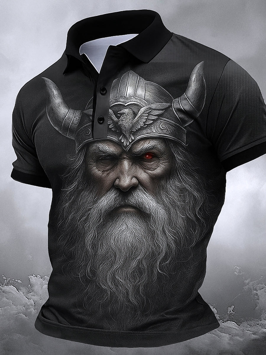 Retro nordische Viking-Grafik gedruckt Vintage-Stil V-Ausschnitt kurze Ärmel Polo-Shirt