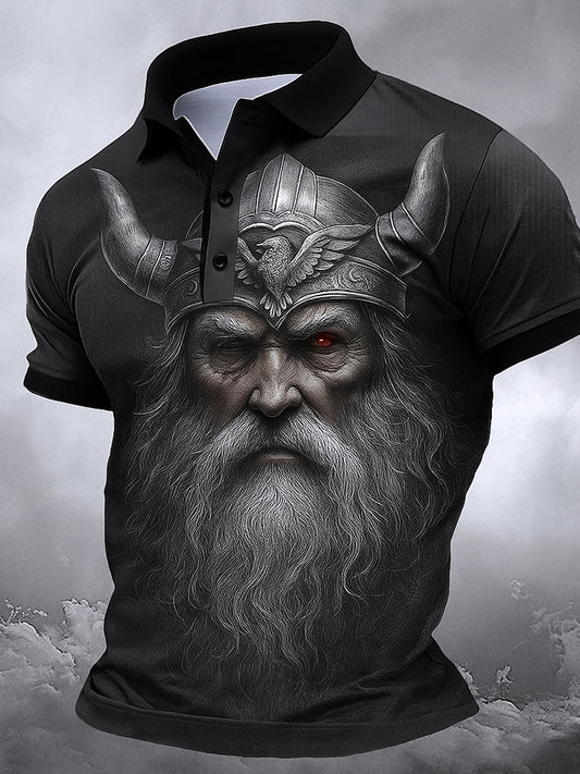 Retro nordische Viking-Grafik gedruckt Vintage-Stil V-Ausschnitt kurze Ärmel Polo-Shirt