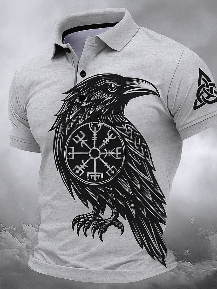 Retro nordische Viking-Grafik gedruckt Vintage-Stil V-Ausschnitt kurze Ärmel Polo-Shirt