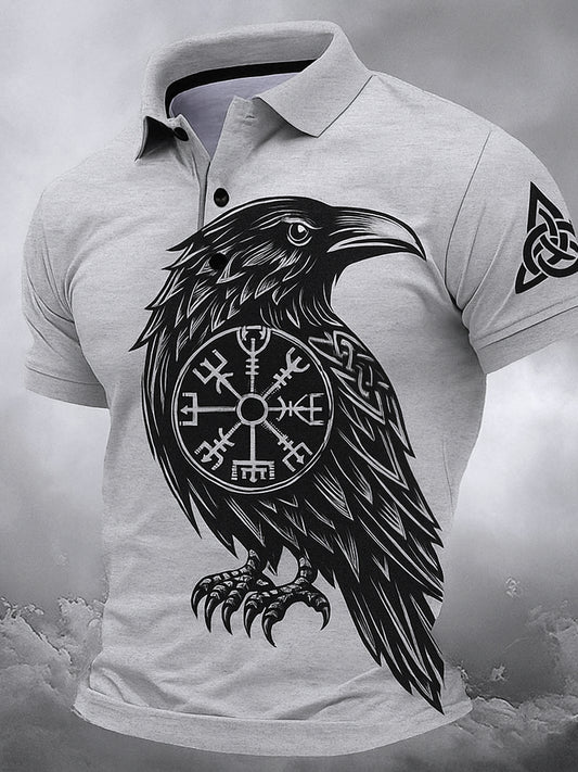 Retro nordische Viking-Grafik gedruckt Vintage-Stil V-Ausschnitt kurze Ärmel Polo-Shirt