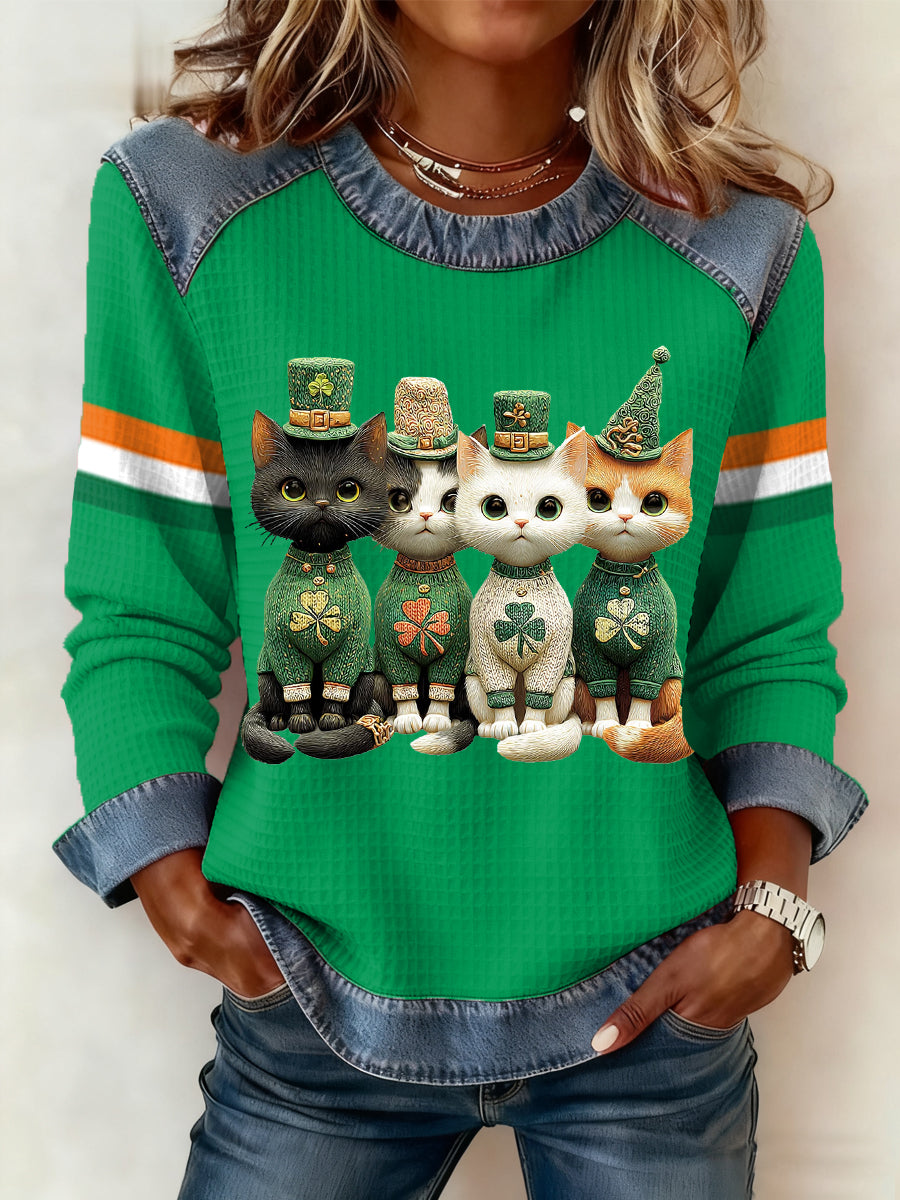 Damen St. Patrick's Day Süße Katzen drucken lässiges Waffel-Denim-Patchwork-Top