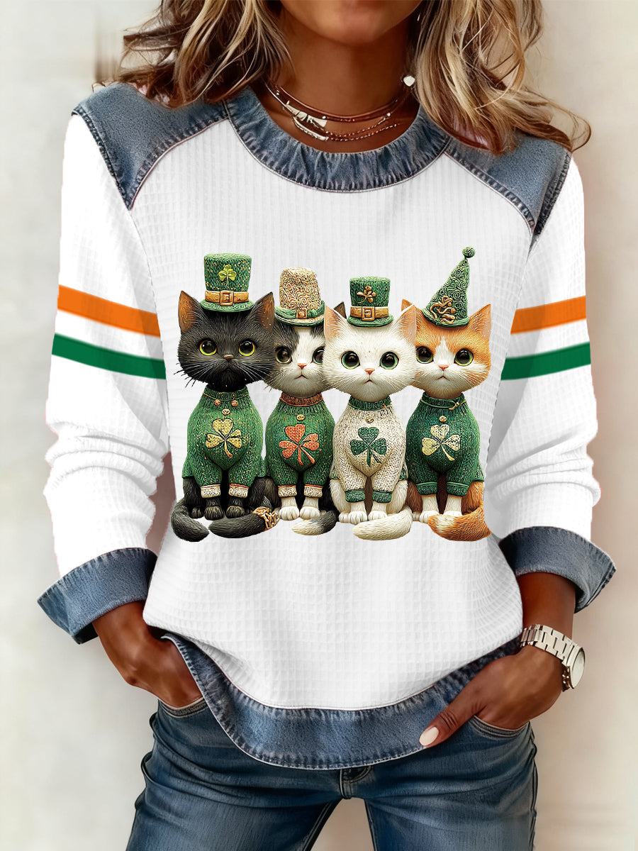 Damen St. Patrick's Day Süße Katzen drucken lässiges Waffel-Denim-Patchwork-Top