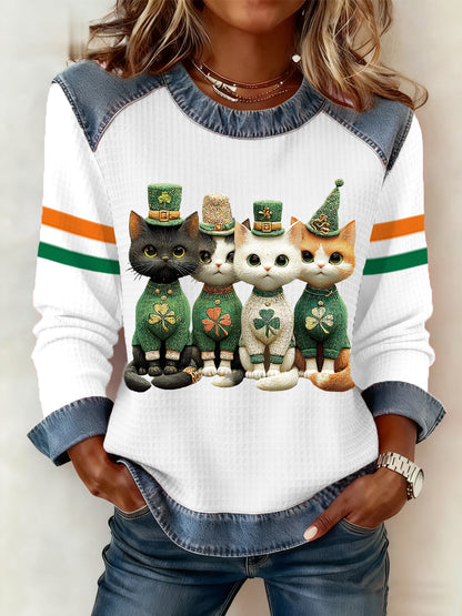 Damen St. Patrick's Day Süße Katzen drucken lässiges Waffel-Denim-Patchwork-Top