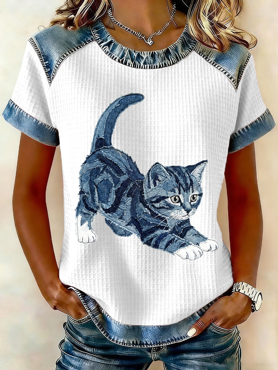 Damen Lovely Cat Muster Denim Patchwork Top