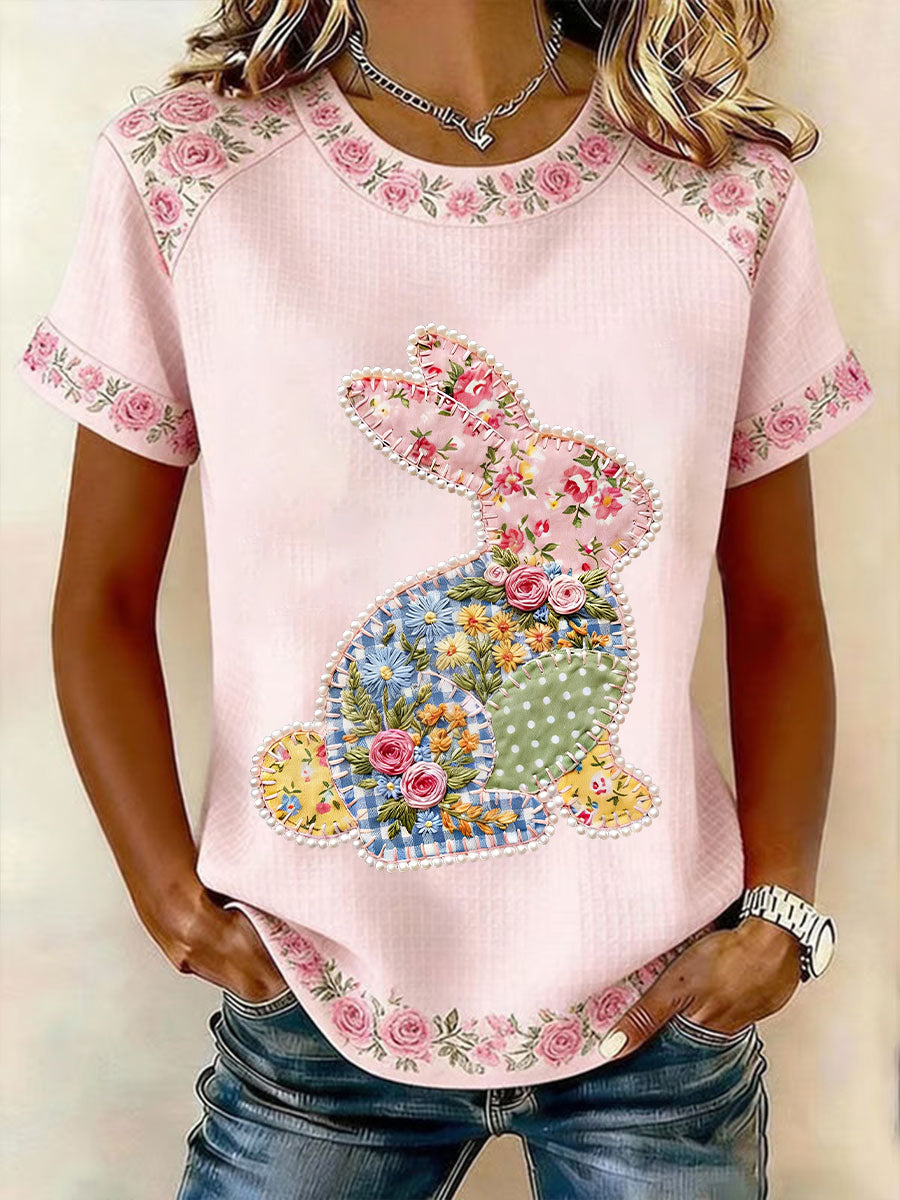 Damen-Osterhase-Kunst-Blumen-Patchwork-Print-Kurzarm-T-Shirt